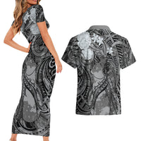 Pacific Beauty Girl Couples Matching Short Sleeve Bodycon Dress and Hawaiian Shirt Black Polyneisan Tribal Vintage Motif