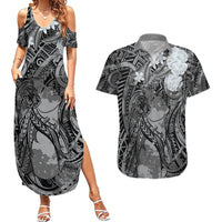 Pacific Beauty Girl Couples Matching Summer Maxi Dress and Hawaiian Shirt Black Polyneisan Tribal Vintage Motif