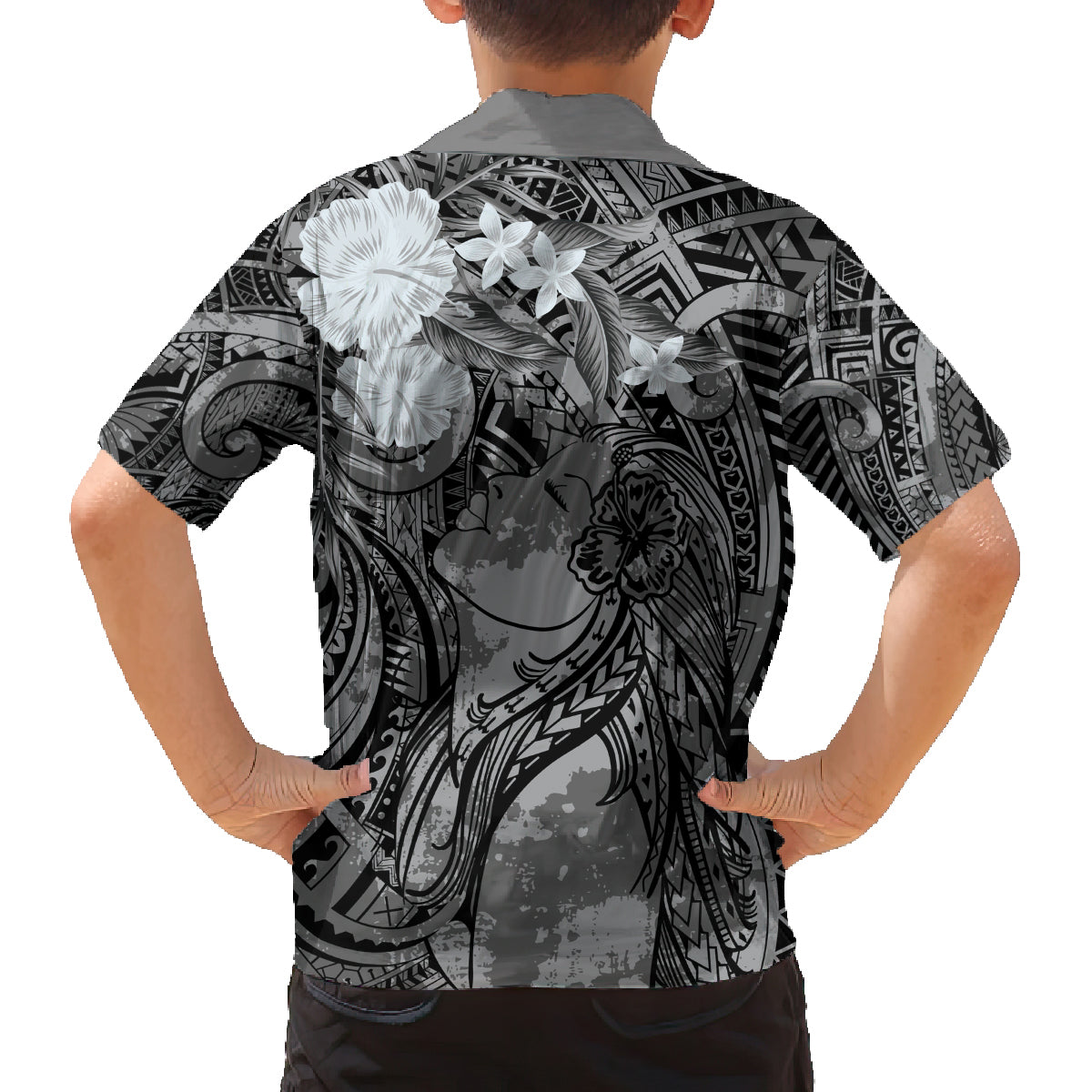 Pacific Beauty Girl Family Matching Off Shoulder Short Dress and Hawaiian Shirt Black Polyneisan Tribal Vintage Motif