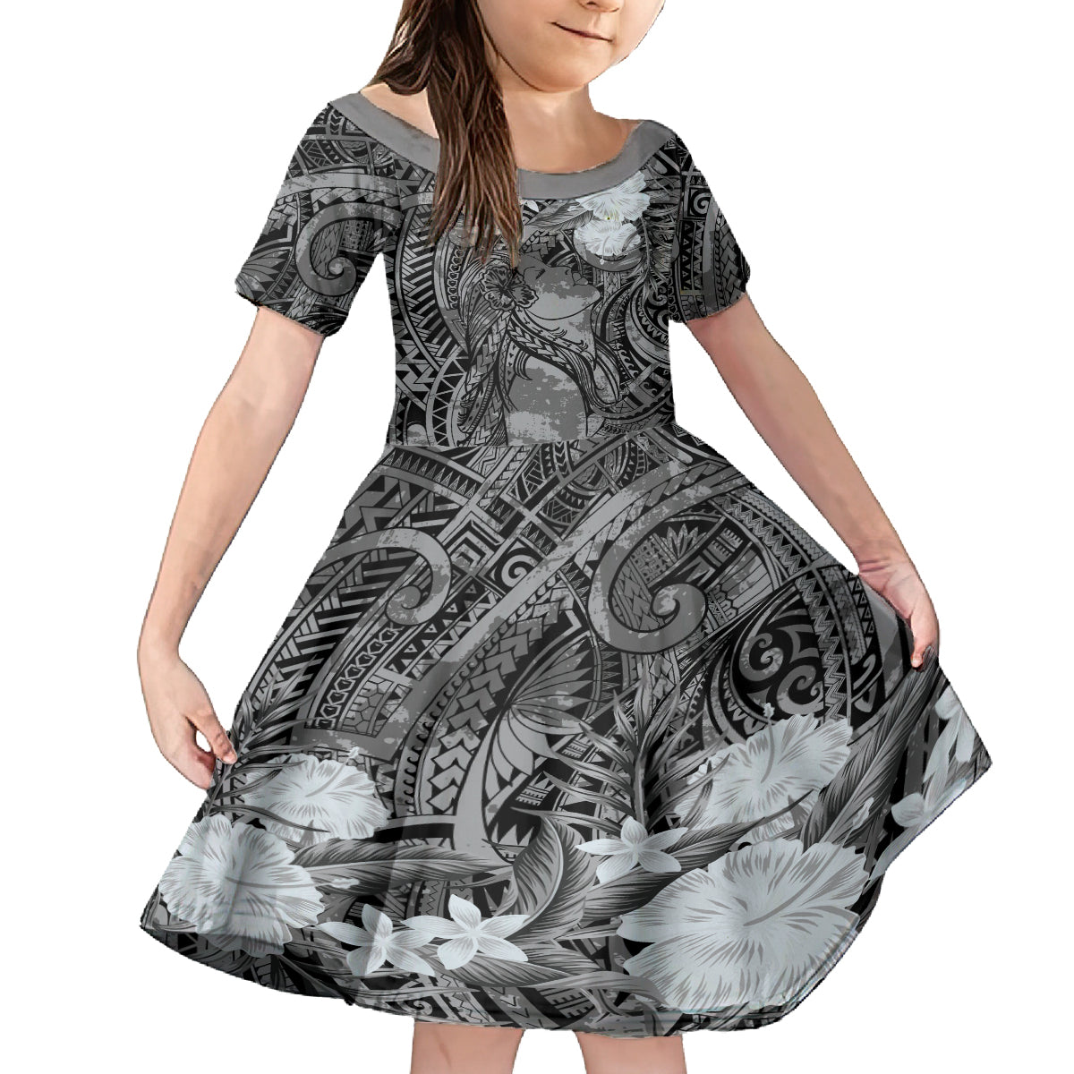 Pacific Beauty Girl Family Matching Tank Maxi Dress and Hawaiian Shirt Black Polyneisan Tribal Vintage Motif