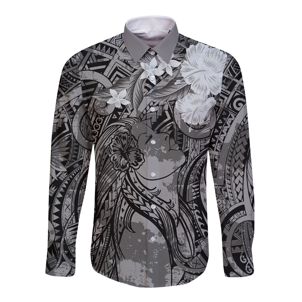 Pacific Beauty Girl Long Sleeve Button Shirt Black Polyneisan Tribal Vintage Motif LT9 Unisex Black - Polynesian Pride