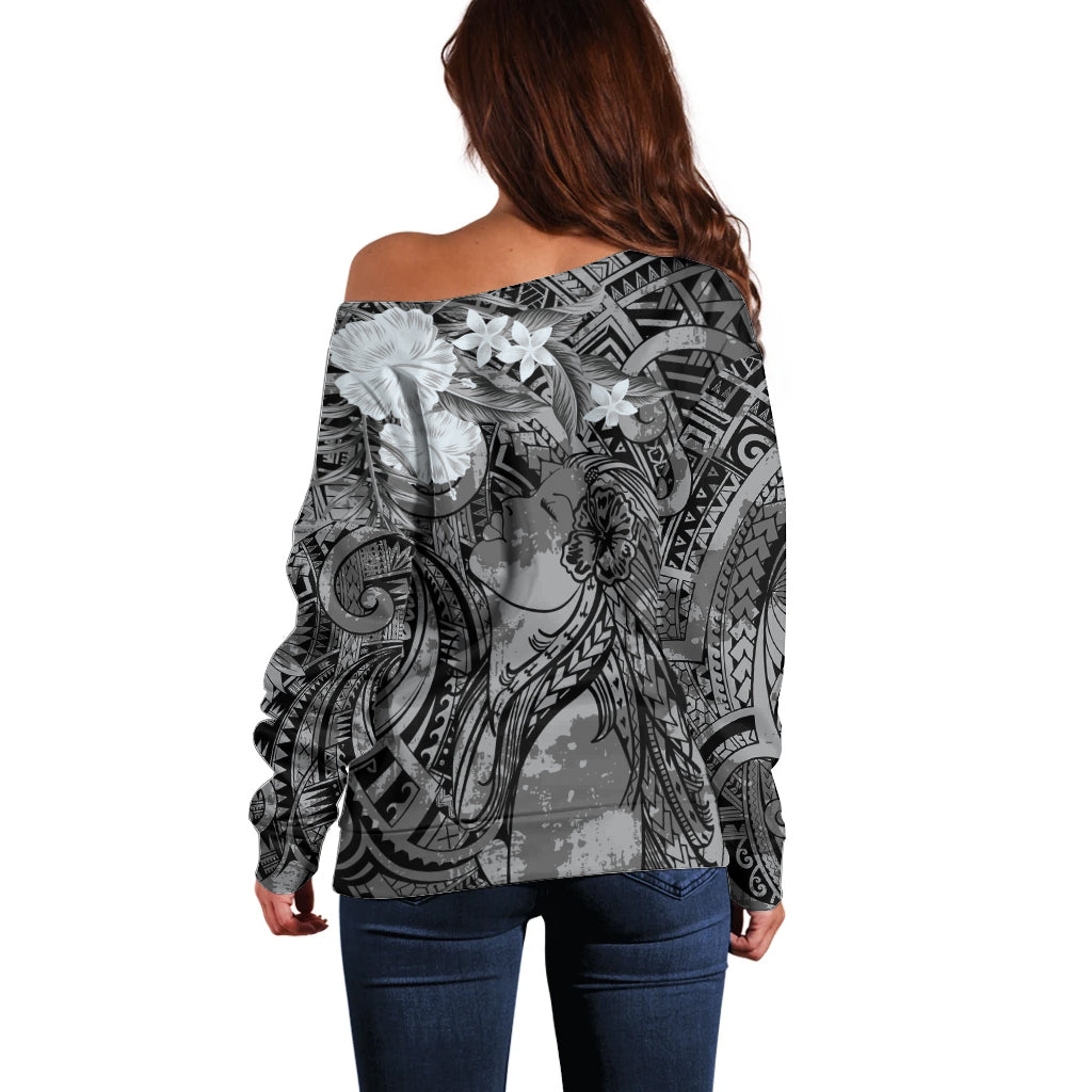 Pacific Beauty Girl Off Shoulder Sweater Black Polyneisan Tribal Vintage Motif LT9 - Polynesian Pride
