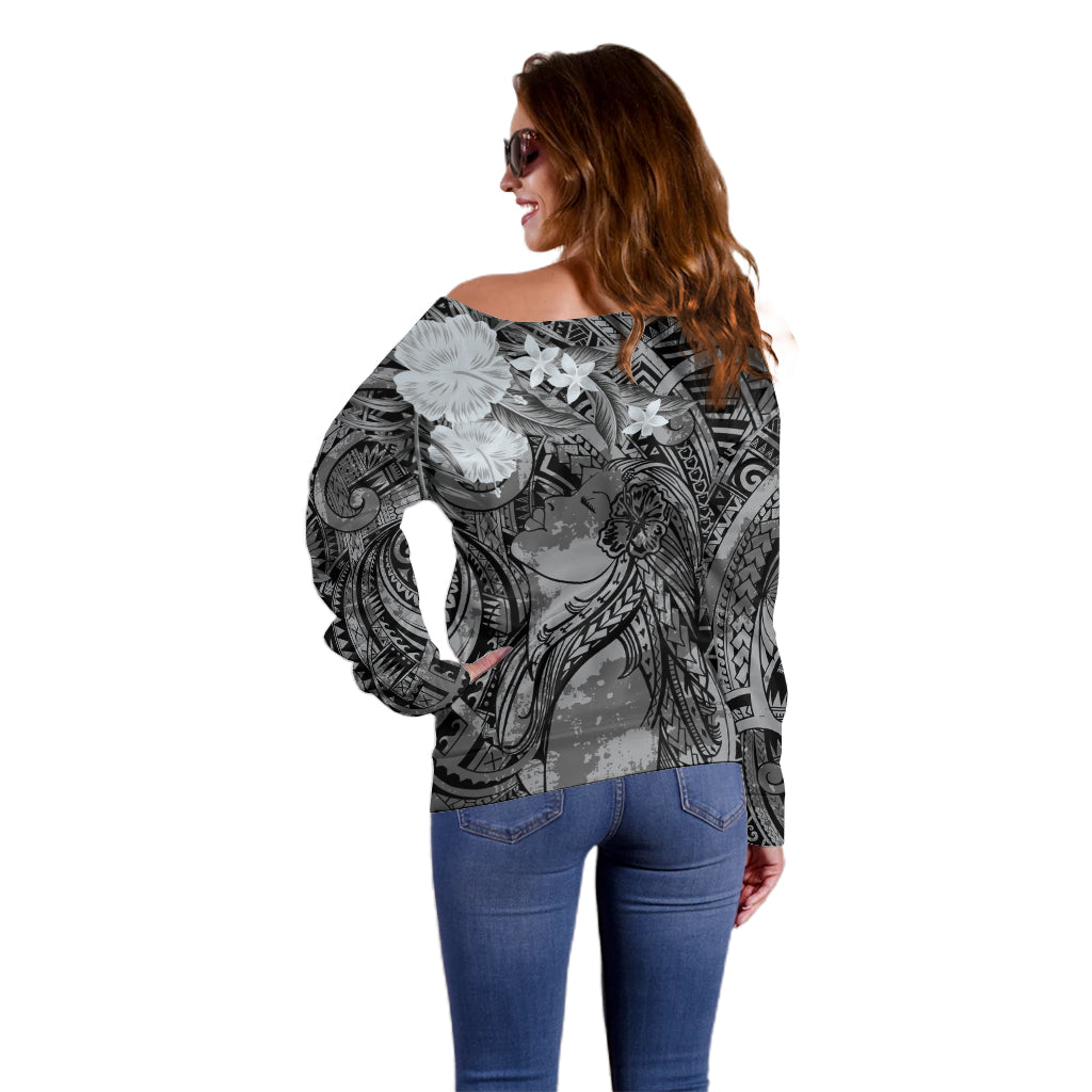Pacific Beauty Girl Off Shoulder Sweater Black Polyneisan Tribal Vintage Motif LT9 - Polynesian Pride