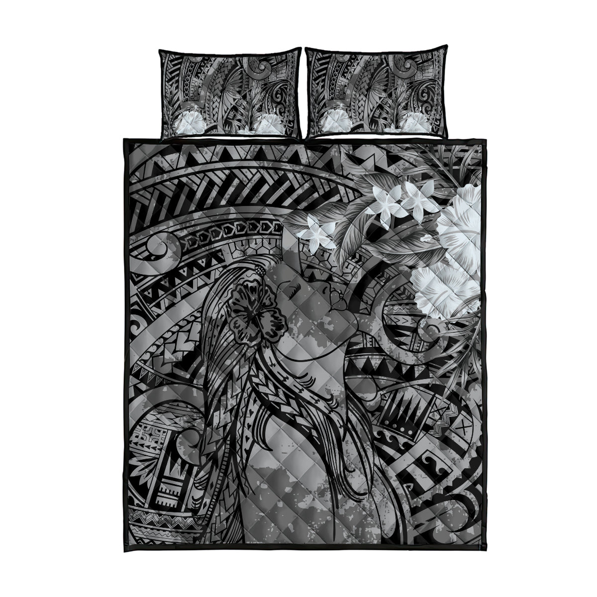 Pacific Beauty Girl Quilt Bed Set Black Polyneisan Tribal Vintage Motif