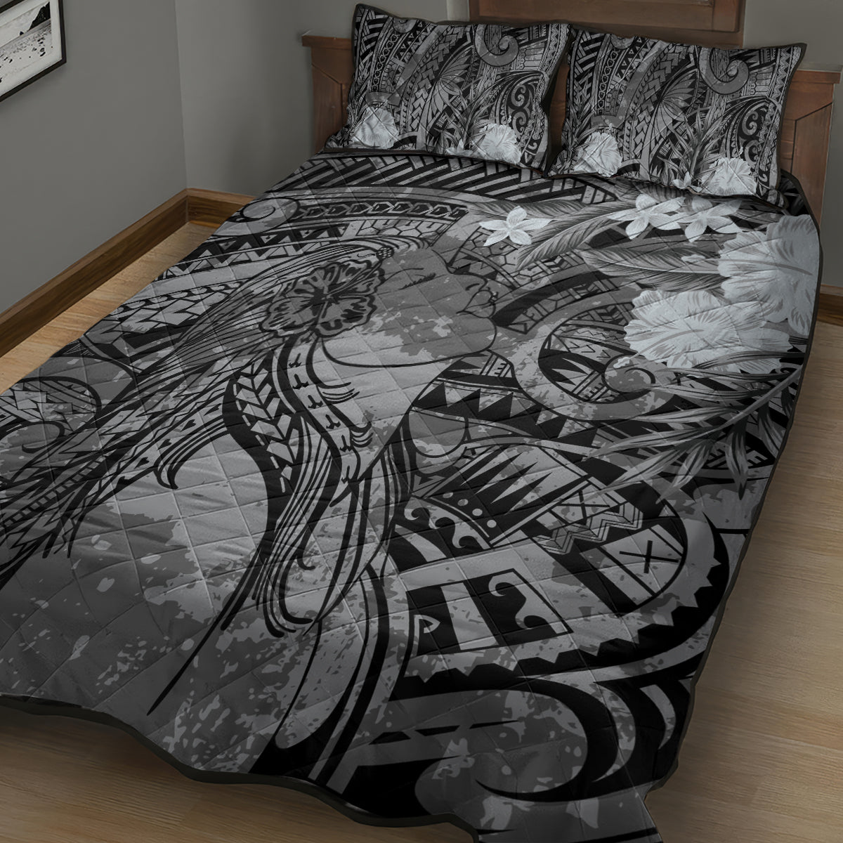 Pacific Beauty Girl Quilt Bed Set Black Polyneisan Tribal Vintage Motif