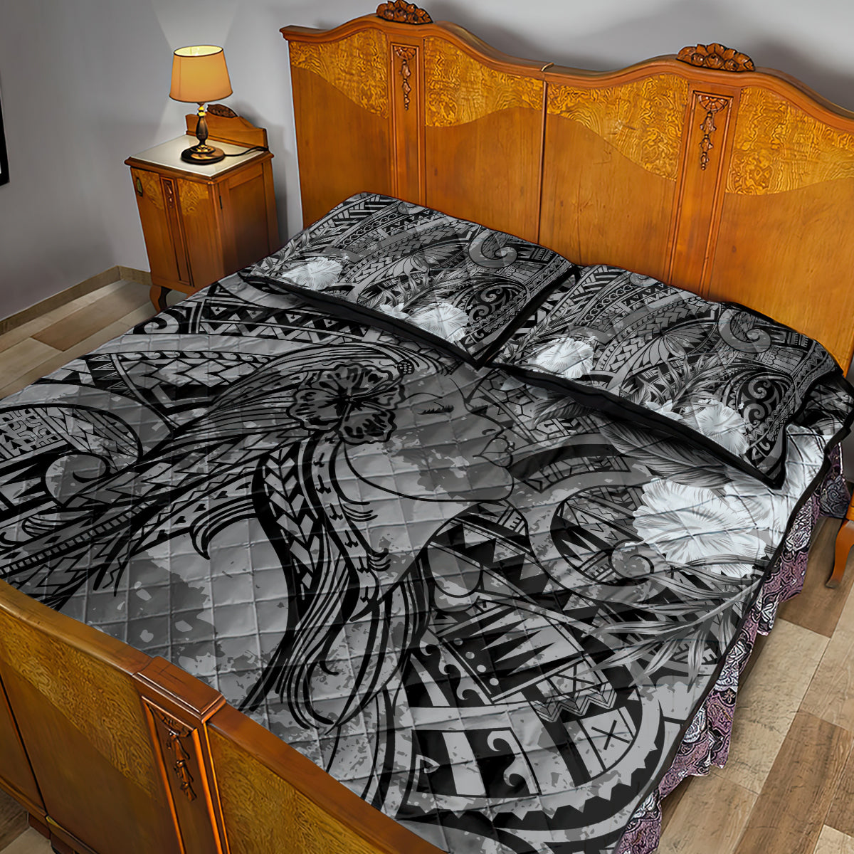 Pacific Beauty Girl Quilt Bed Set Black Polyneisan Tribal Vintage Motif