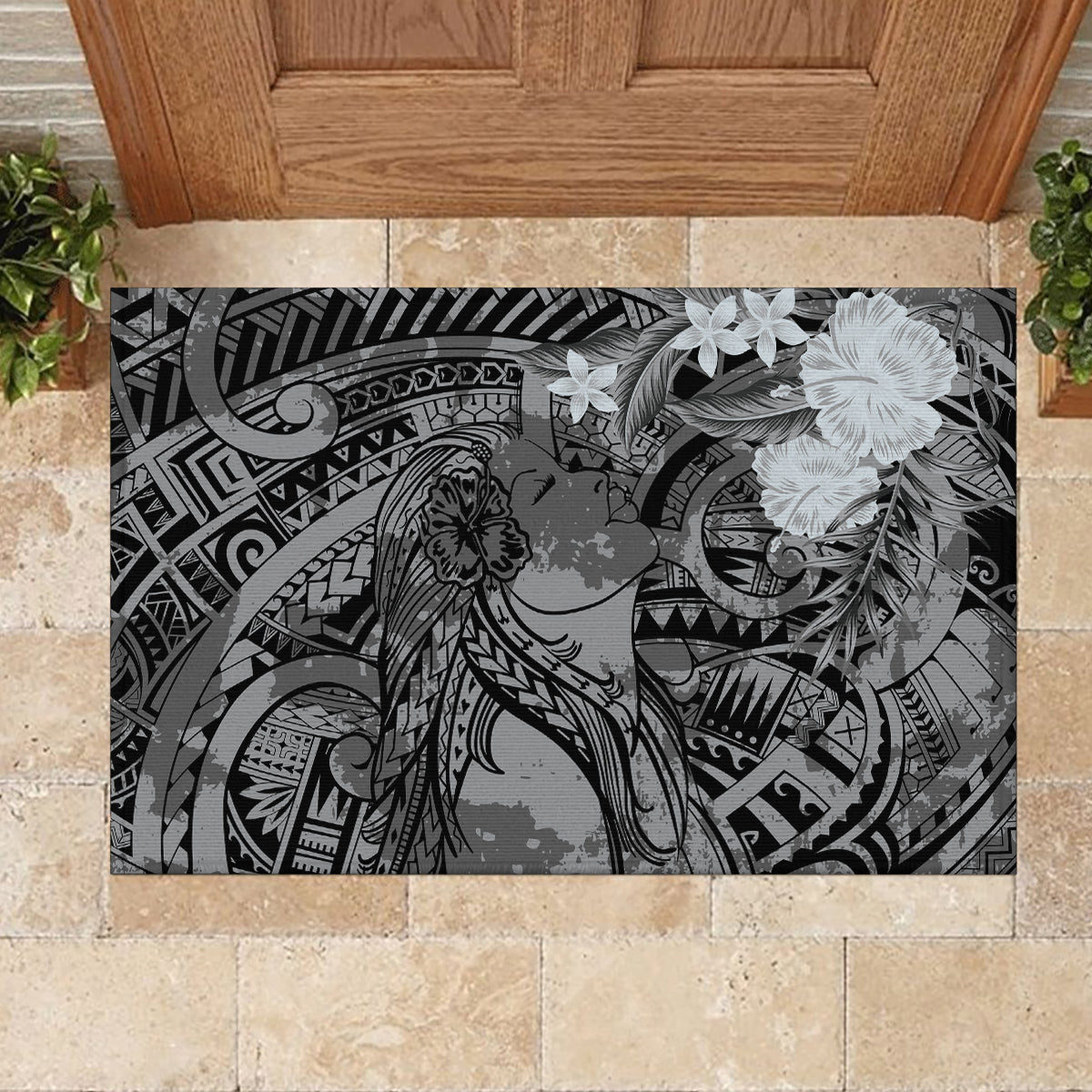 Pacific Beauty Girl Rubber Doormat Black Polyneisan Tribal Vintage Motif LT9 - Polynesian Pride