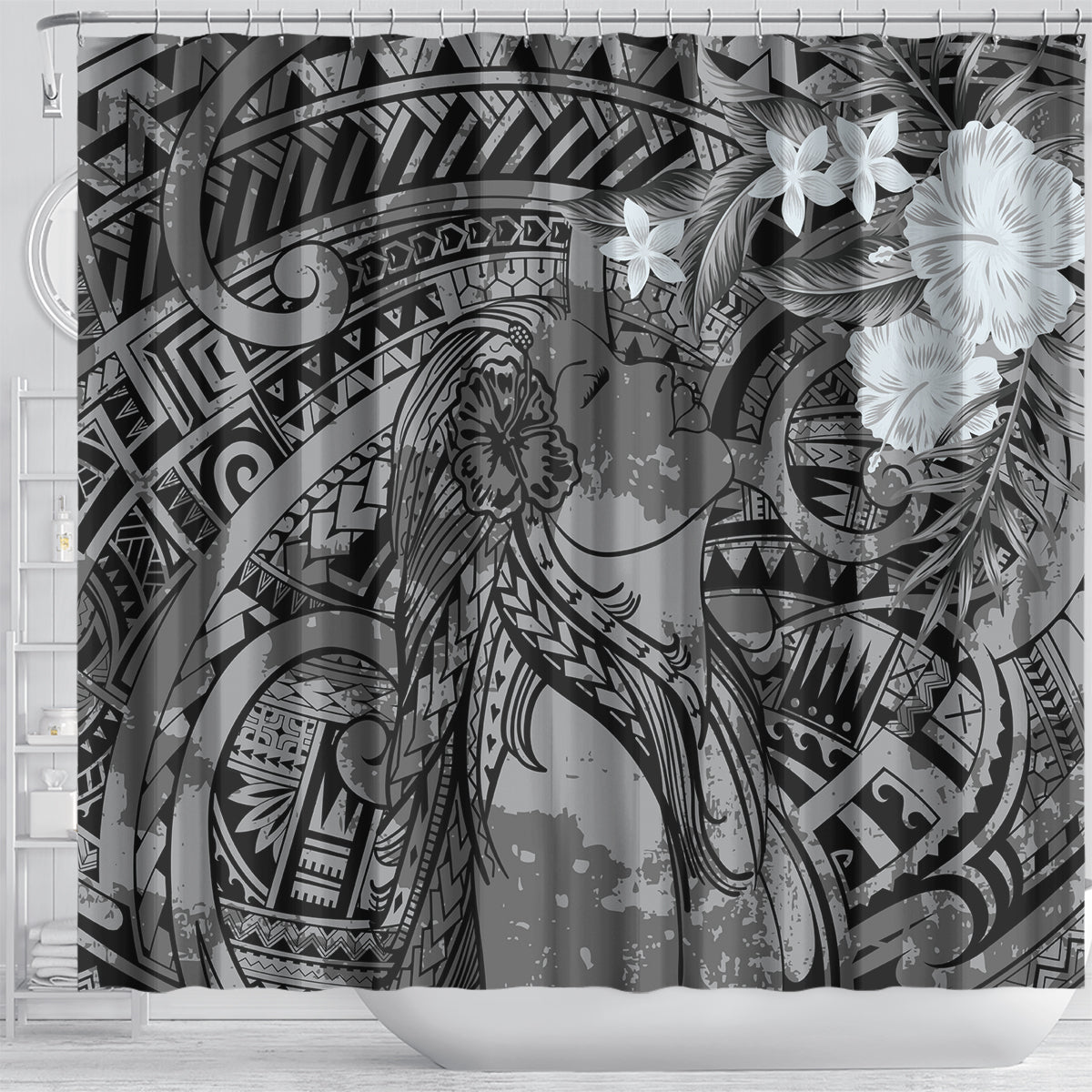 Pacific Beauty Girl Shower Curtain Black Polyneisan Tribal Vintage Motif