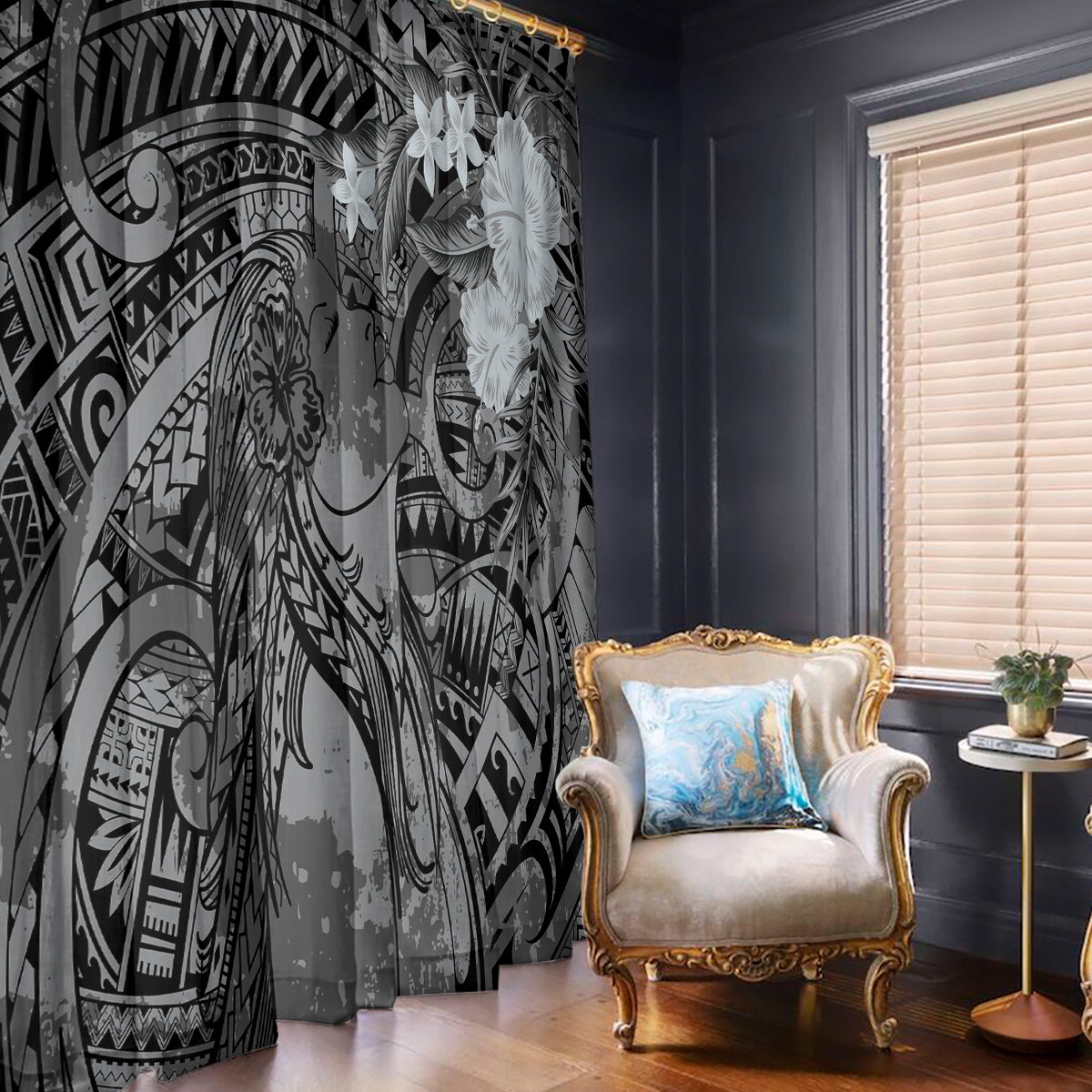 Pacific Beauty Girl Window Curtain Black Polyneisan Tribal Vintage Motif