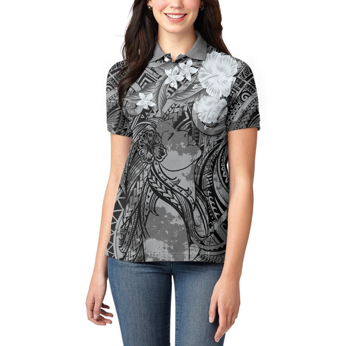 Pacific Beauty Girl Women Polo Shirt Black Polyneisan Tribal Vintage Motif