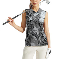 Pacific Beauty Girl Women Sleeveless Polo Shirt Black Polyneisan Tribal Vintage Motif