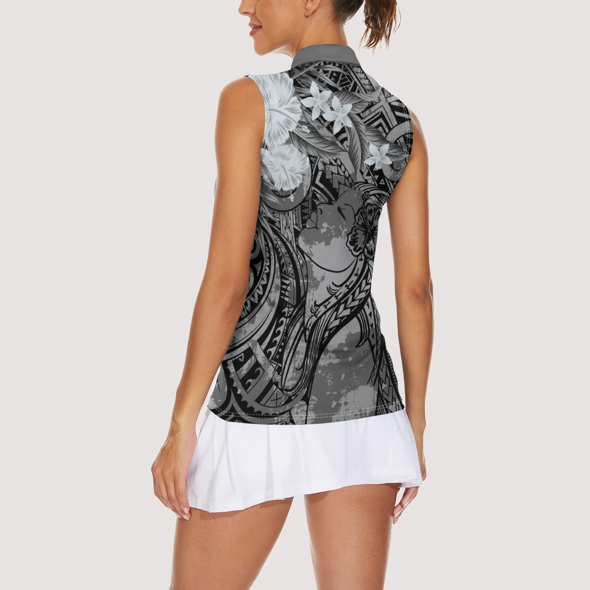 Pacific Beauty Girl Women Sleeveless Polo Shirt Black Polyneisan Tribal Vintage Motif