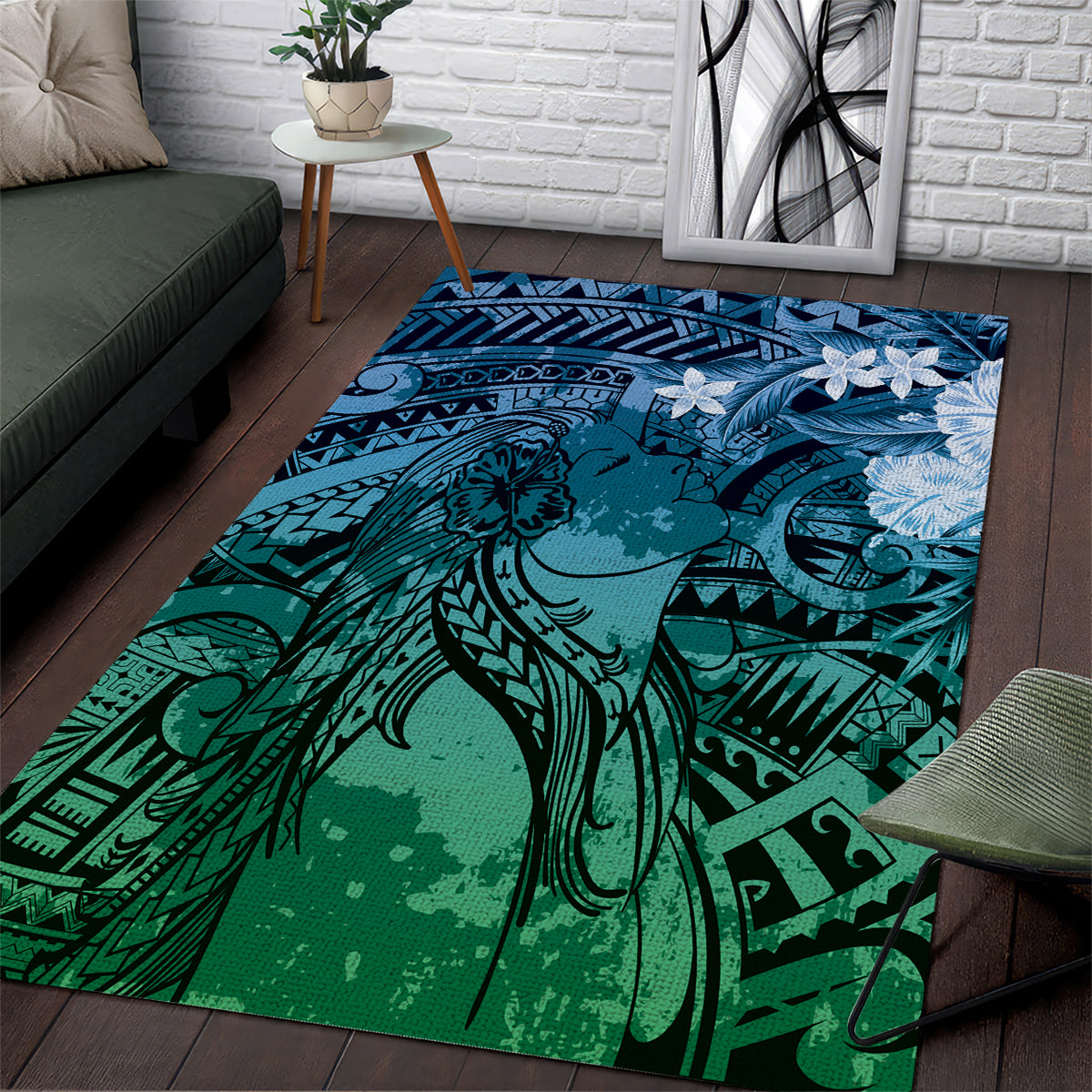 Pacific Beauty Girl Area Rug Blue Polyneisan Tribal Vintage Motif