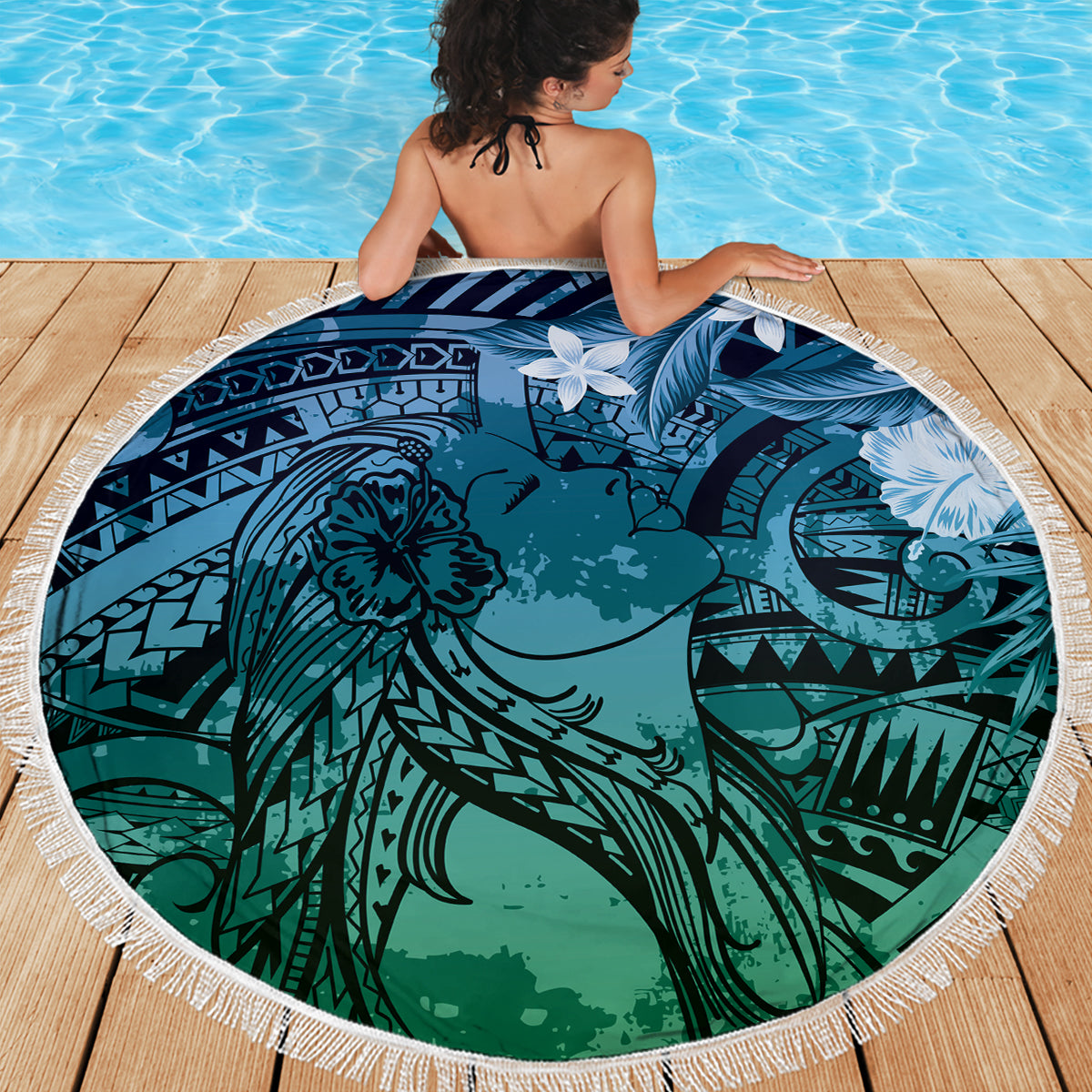 Pacific Beauty Girl Beach Blanket Blue Polyneisan Tribal Vintage Motif