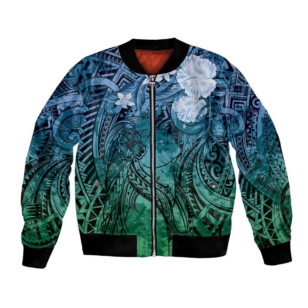 Pacific Beauty Girl Bomber Jacket Blue Polyneisan Tribal Vintage Motif