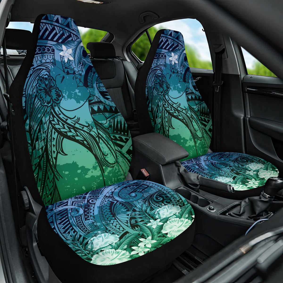 Pacific Beauty Girl Car Seat Cover Blue Polyneisan Tribal Vintage Motif