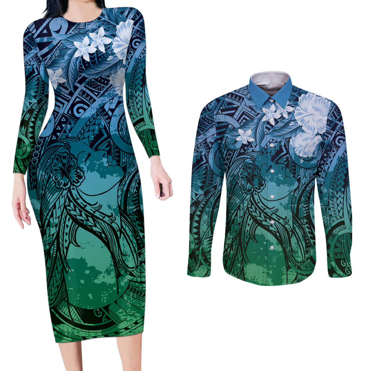 Pacific Beauty Girl Couples Matching Long Sleeve Bodycon Dress and Long Sleeve Button Shirt Blue Polyneisan Tribal Vintage Motif