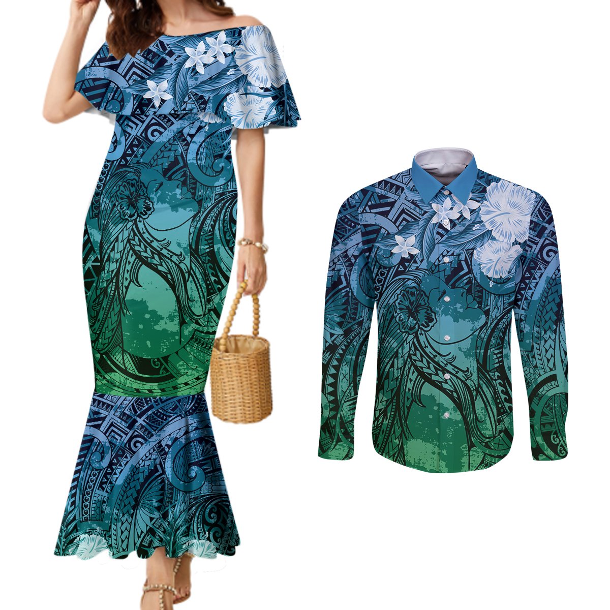 Pacific Beauty Girl Couples Matching Mermaid Dress and Long Sleeve Button Shirt Blue Polyneisan Tribal Vintage Motif
