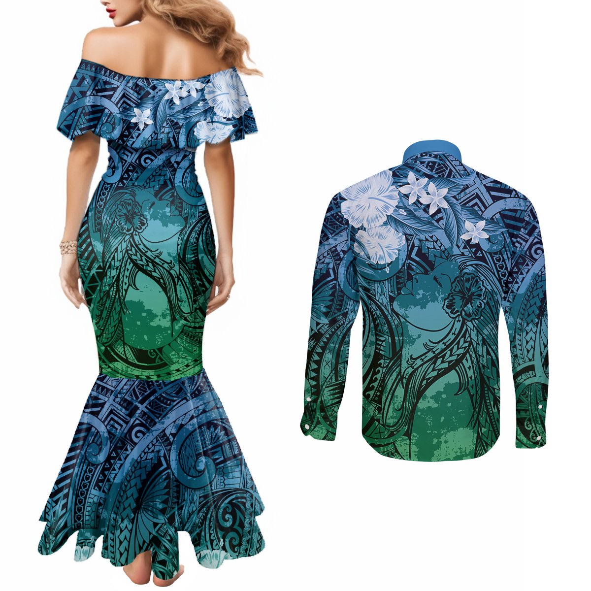 Pacific Beauty Girl Couples Matching Mermaid Dress and Long Sleeve Button Shirt Blue Polyneisan Tribal Vintage Motif