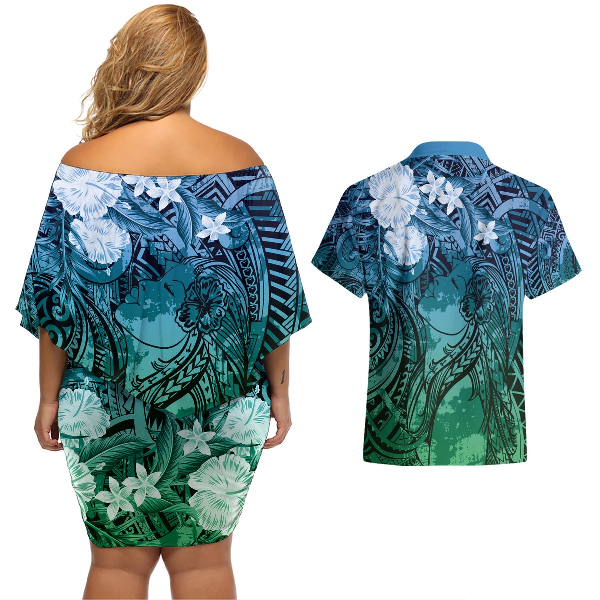 Pacific Beauty Girl Couples Matching Off Shoulder Short Dress and Hawaiian Shirt Blue Polyneisan Tribal Vintage Motif