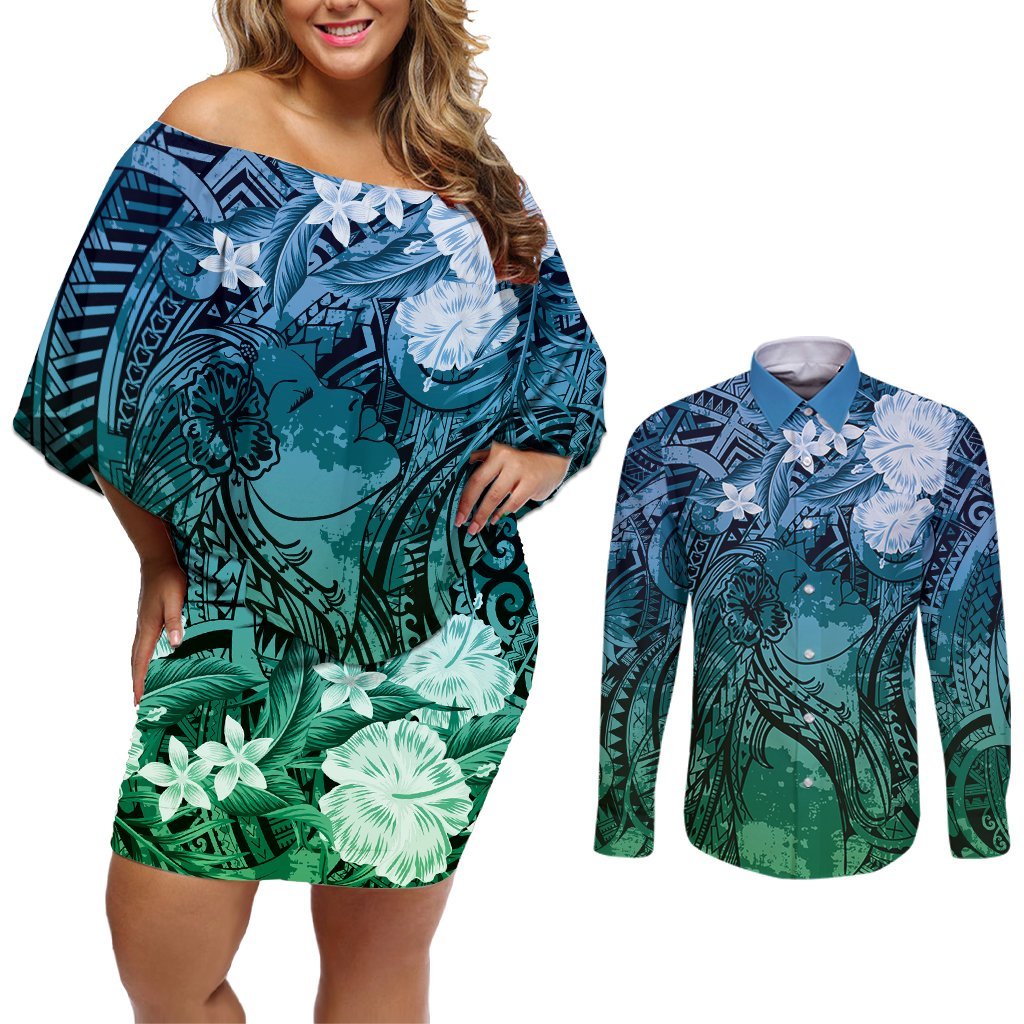 Pacific Beauty Girl Couples Matching Off Shoulder Short Dress and Long Sleeve Button Shirt Blue Polyneisan Tribal Vintage Motif LT9 Blue - Polynesian Pride