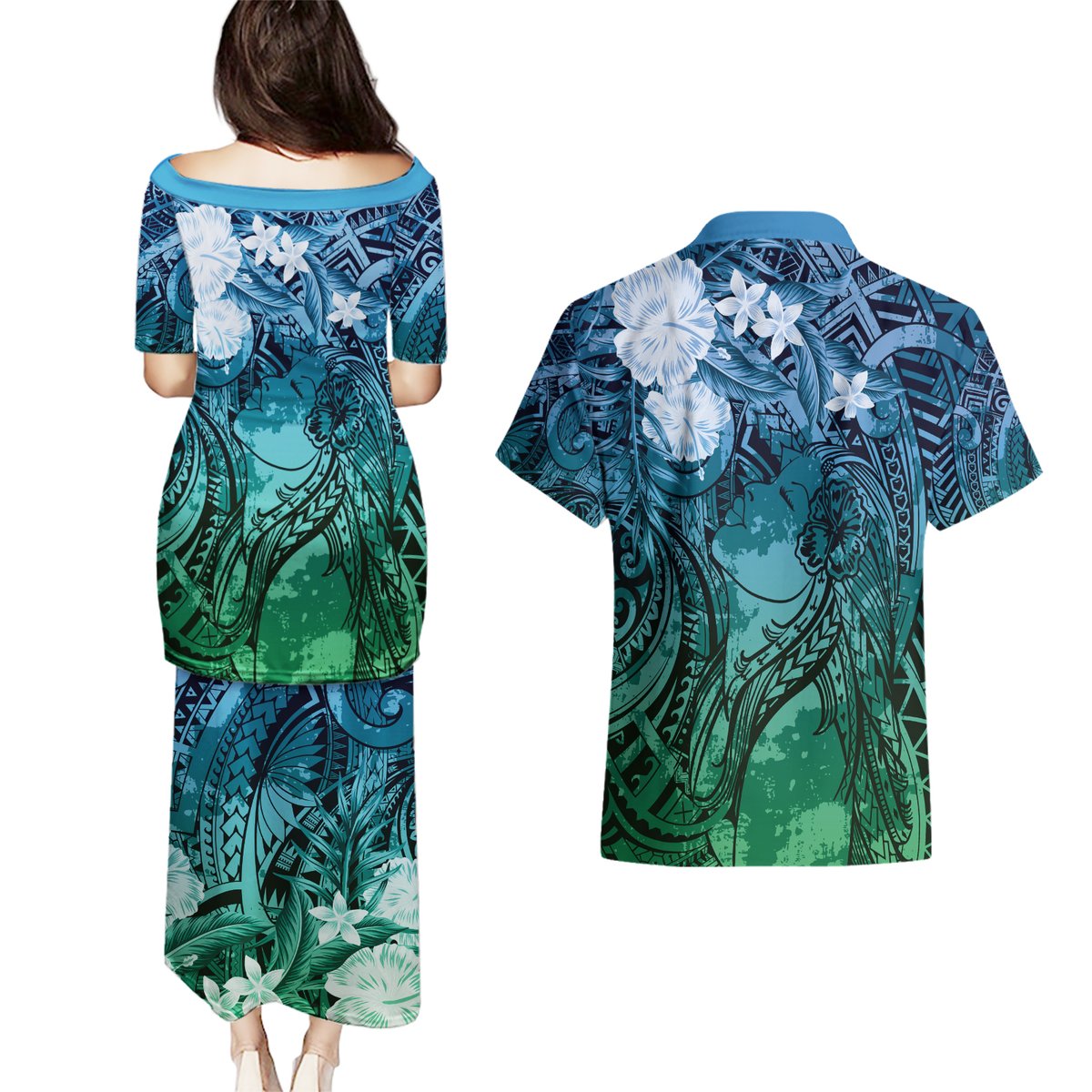 Pacific Beauty Girl Couples Matching Puletasi and Hawaiian Shirt Blue Polyneisan Tribal Vintage Motif