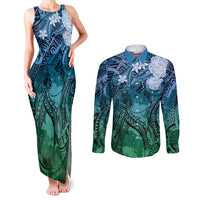 Pacific Beauty Girl Couples Matching Tank Maxi Dress and Long Sleeve Button Shirt Blue Polyneisan Tribal Vintage Motif