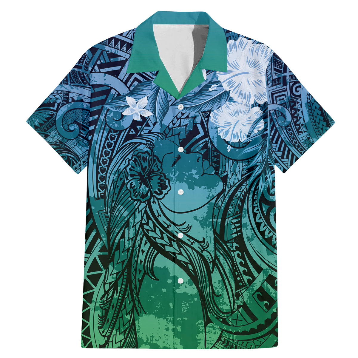 Pacific Beauty Girl Family Matching Mermaid Dress and Hawaiian Shirt Blue Polyneisan Tribal Vintage Motif