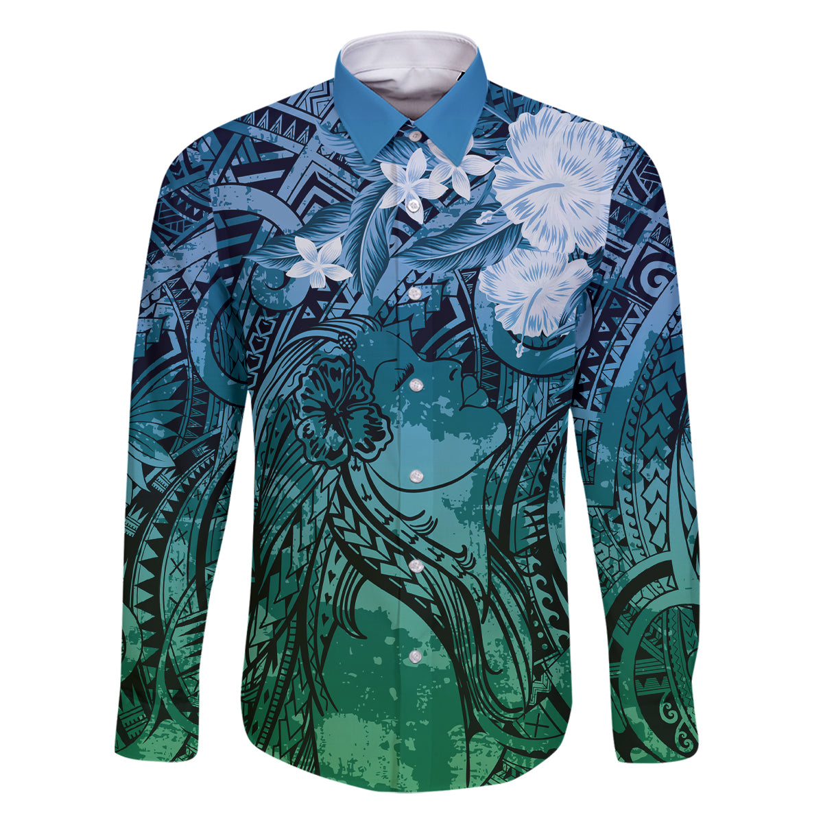 Pacific Beauty Girl Family Matching Mermaid Dress and Hawaiian Shirt Blue Polyneisan Tribal Vintage Motif