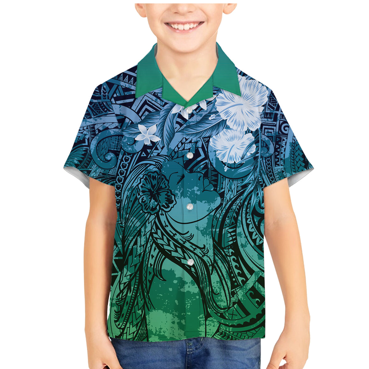 Pacific Beauty Girl Family Matching Mermaid Dress and Hawaiian Shirt Blue Polyneisan Tribal Vintage Motif