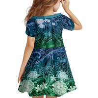 Pacific Beauty Girl Family Matching Off Shoulder Short Dress and Hawaiian Shirt Blue Polyneisan Tribal Vintage Motif