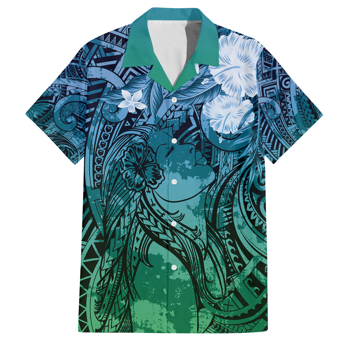 Pacific Beauty Girl Family Matching Off Shoulder Short Dress and Hawaiian Shirt Blue Polyneisan Tribal Vintage Motif