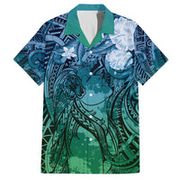 Pacific Beauty Girl Family Matching Off Shoulder Short Dress and Hawaiian Shirt Blue Polyneisan Tribal Vintage Motif