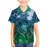Pacific Beauty Girl Family Matching Off Shoulder Short Dress and Hawaiian Shirt Blue Polyneisan Tribal Vintage Motif
