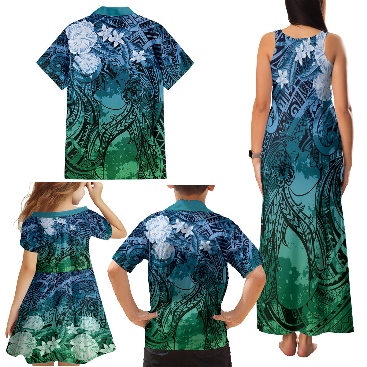 Pacific Beauty Girl Family Matching Tank Maxi Dress and Hawaiian Shirt Blue Polyneisan Tribal Vintage Motif