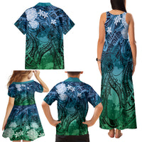 Pacific Beauty Girl Family Matching Tank Maxi Dress and Hawaiian Shirt Blue Polyneisan Tribal Vintage Motif