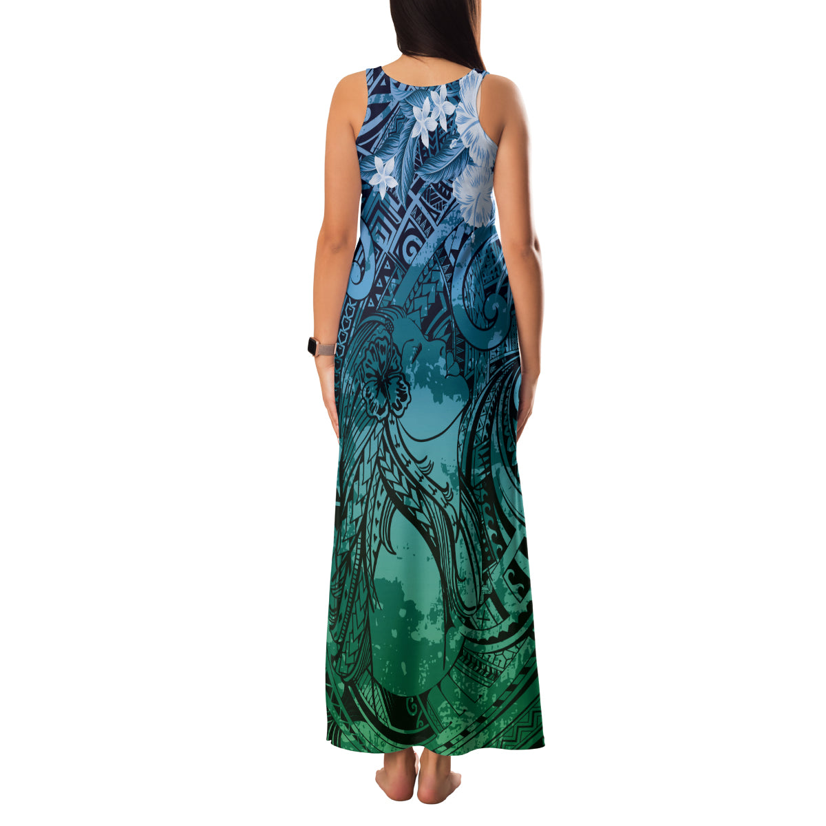 Pacific Beauty Girl Family Matching Tank Maxi Dress and Hawaiian Shirt Blue Polyneisan Tribal Vintage Motif