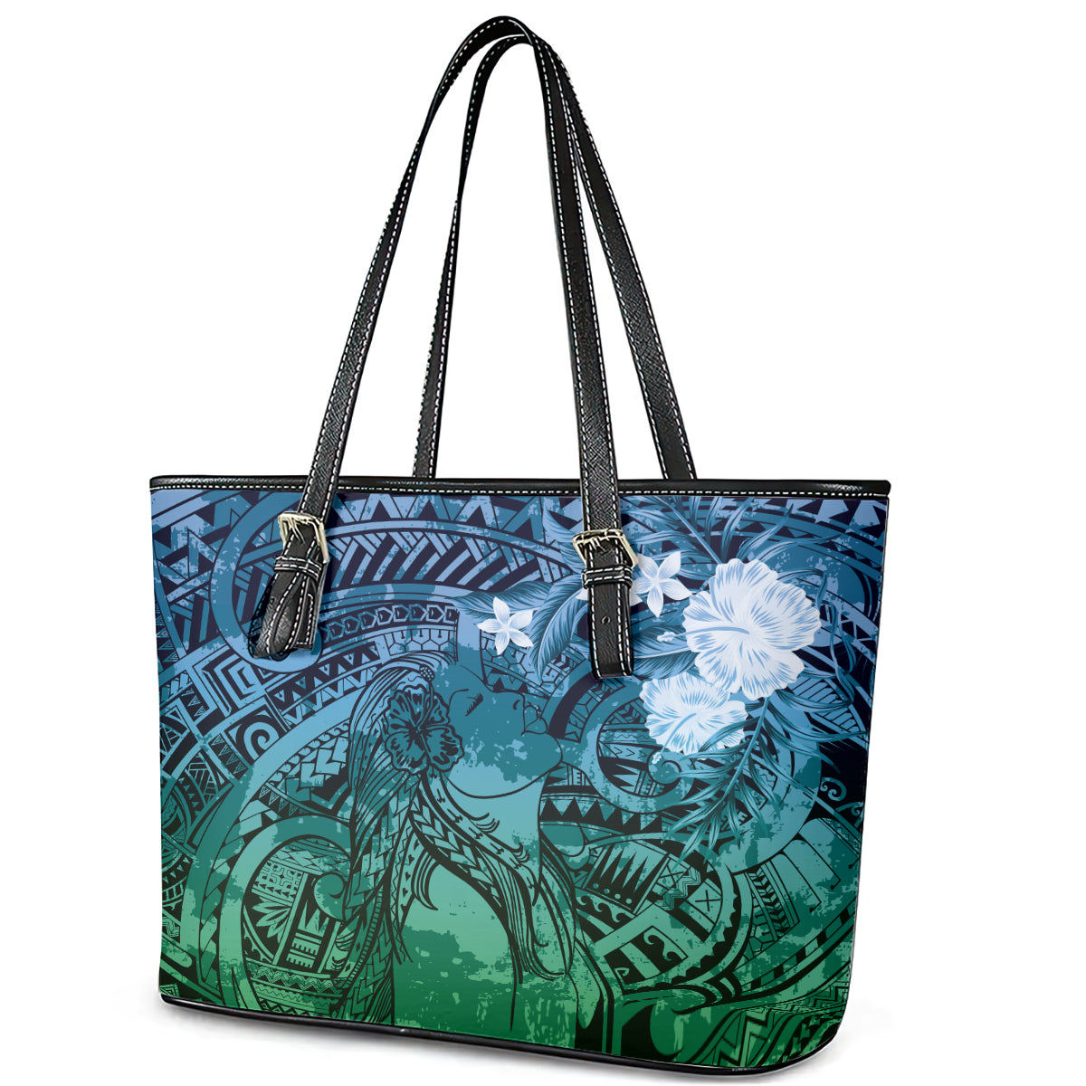 Pacific Beauty Girl Leather Tote Bag Blue Polyneisan Tribal Vintage Motif