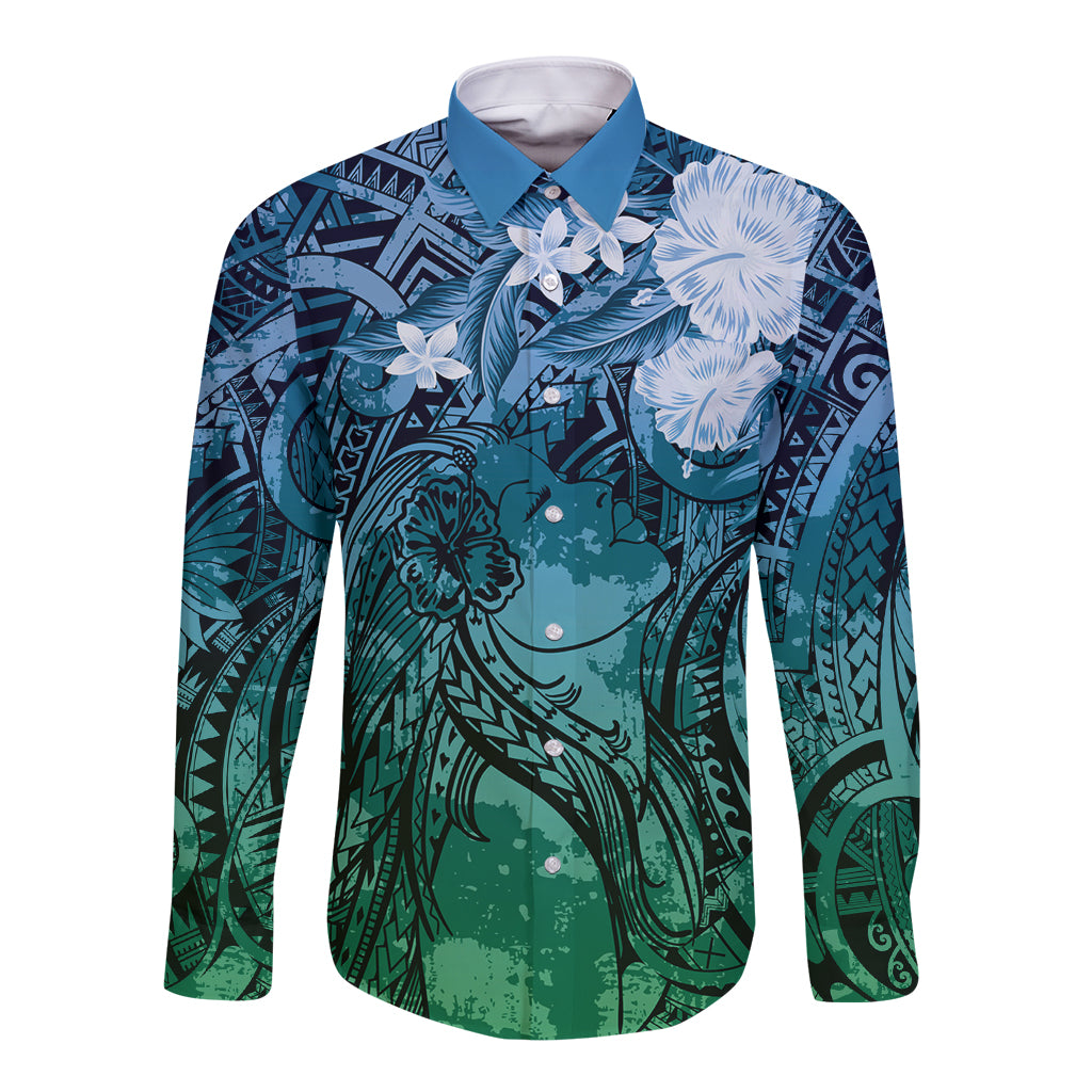 Pacific Beauty Girl Long Sleeve Button Shirt Blue Polyneisan Tribal Vintage Motif LT9 Unisex Blue - Polynesian Pride