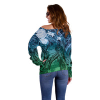 Pacific Beauty Girl Off Shoulder Sweater Blue Polyneisan Tribal Vintage Motif LT9 - Polynesian Pride