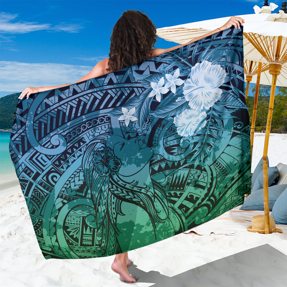 Pacific Beauty Girl Sarong Blue Polyneisan Tribal Vintage Motif LT9 One Size 44 x 66 inches Blue - Polynesian Pride