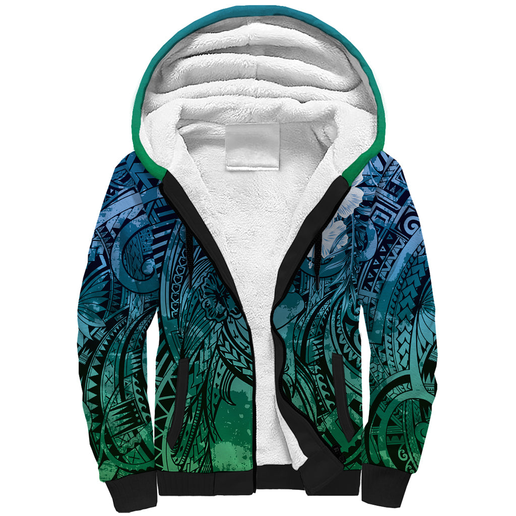 Pacific Beauty Girl Sherpa Hoodie Blue Polyneisan Tribal Vintage Motif