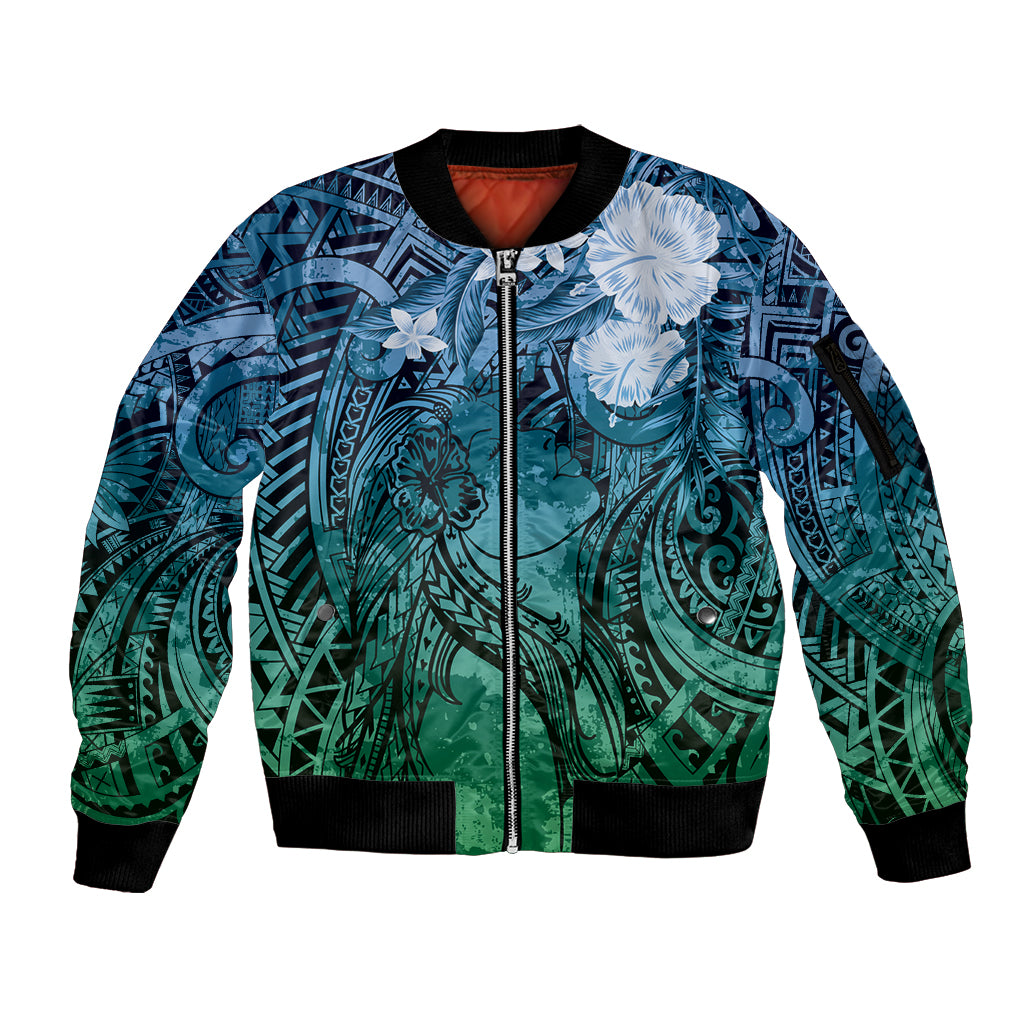 Pacific Beauty Girl Sleeve Zip Bomber Jacket Blue Polyneisan Tribal Vintage Motif