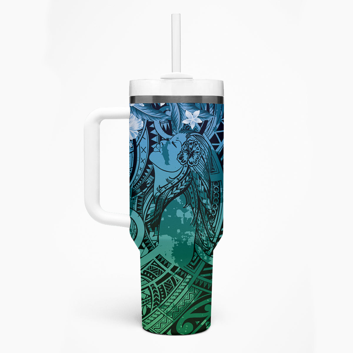 Pacific Beauty Girl Tumbler With Handle Blue Polyneisan Tribal Vintage Motif