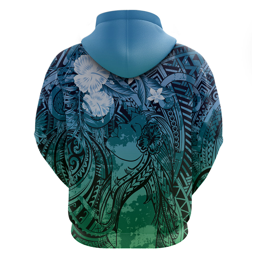 Pacific Beauty Girl Zip Hoodie Blue Polyneisan Tribal Vintage Motif