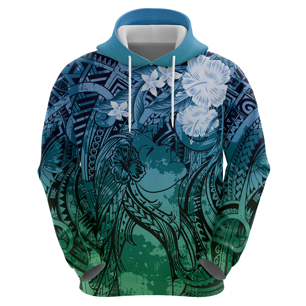 Pacific Beauty Girl Zip Hoodie Blue Polyneisan Tribal Vintage Motif