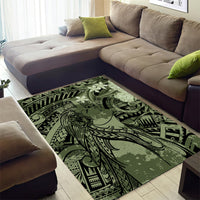 Pacific Beauty Girl Area Rug Green Polyneisan Tribal Vintage Motif