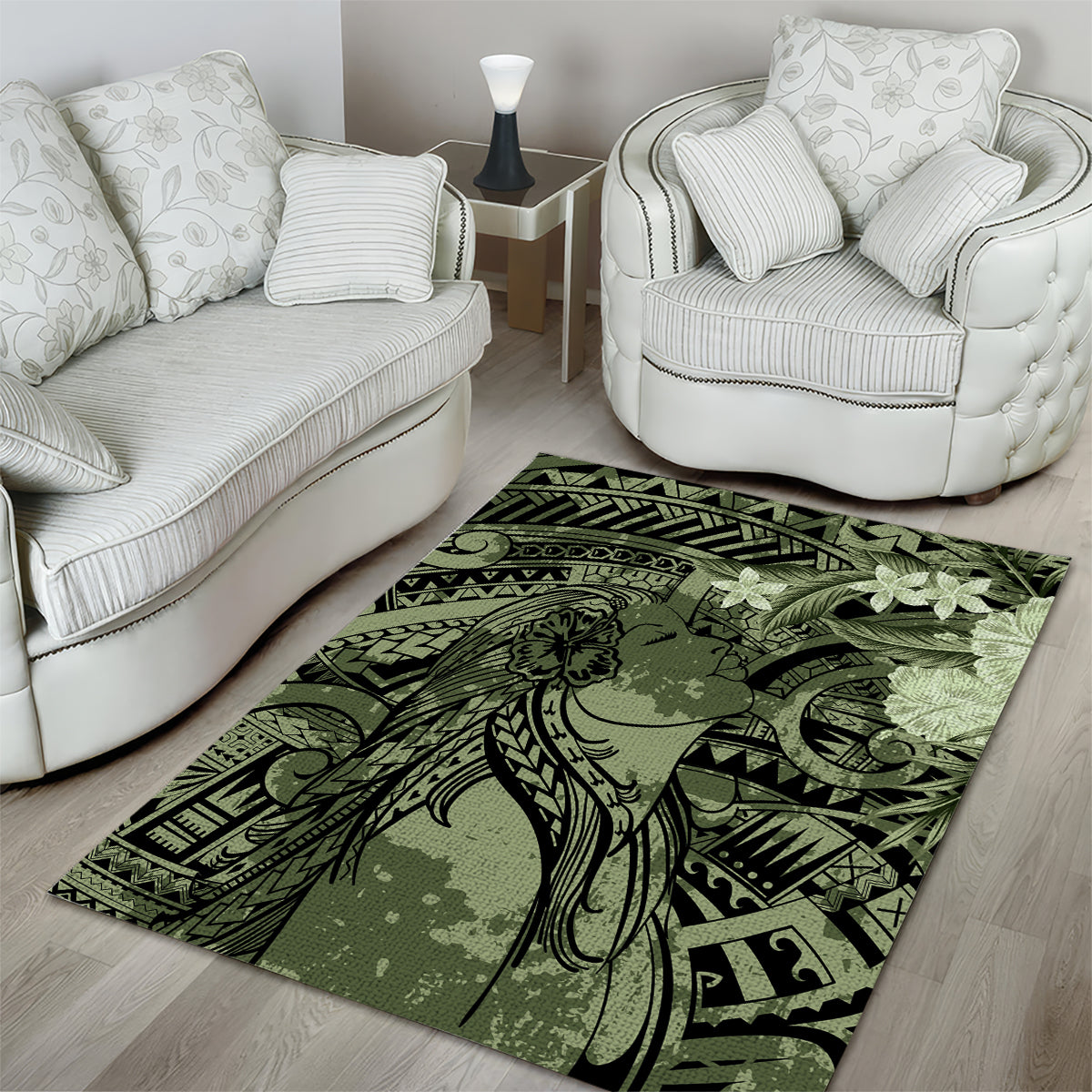 Pacific Beauty Girl Area Rug Green Polyneisan Tribal Vintage Motif
