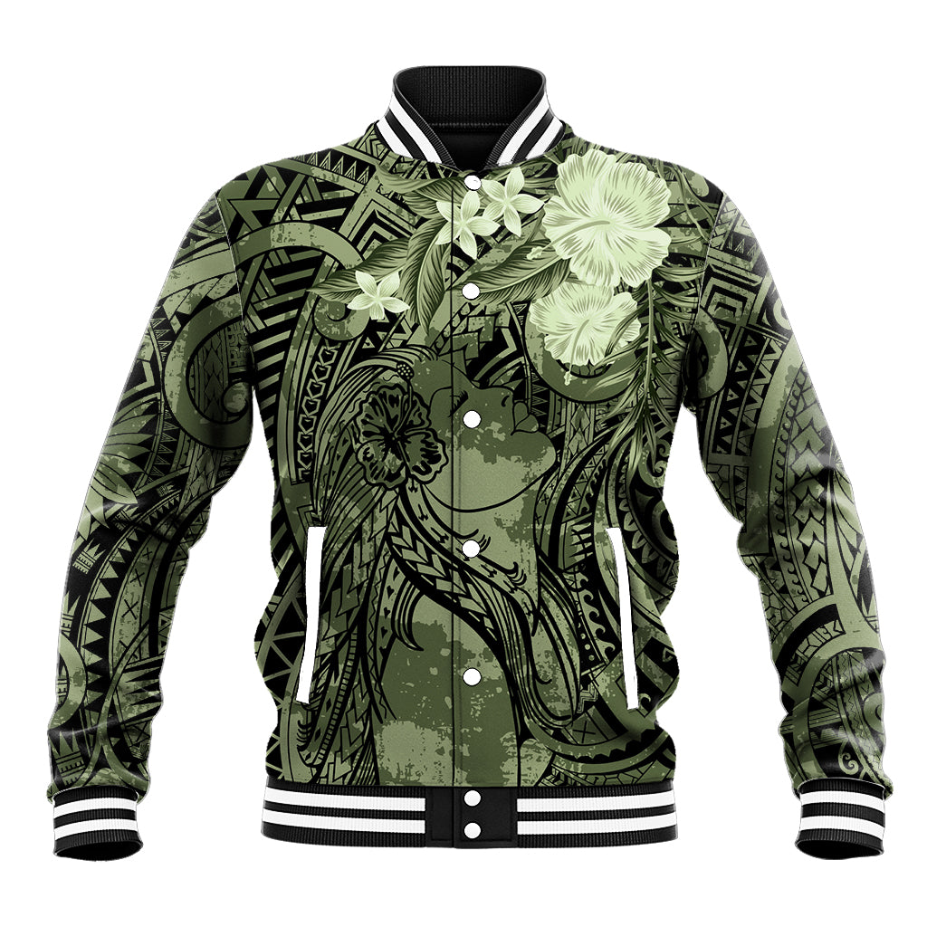 Pacific Beauty Girl Baseball Jacket Green Polyneisan Tribal Vintage Motif