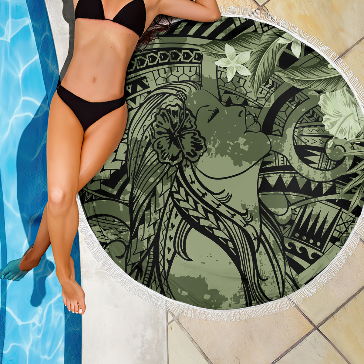 Pacific Beauty Girl Beach Blanket Green Polyneisan Tribal Vintage Motif